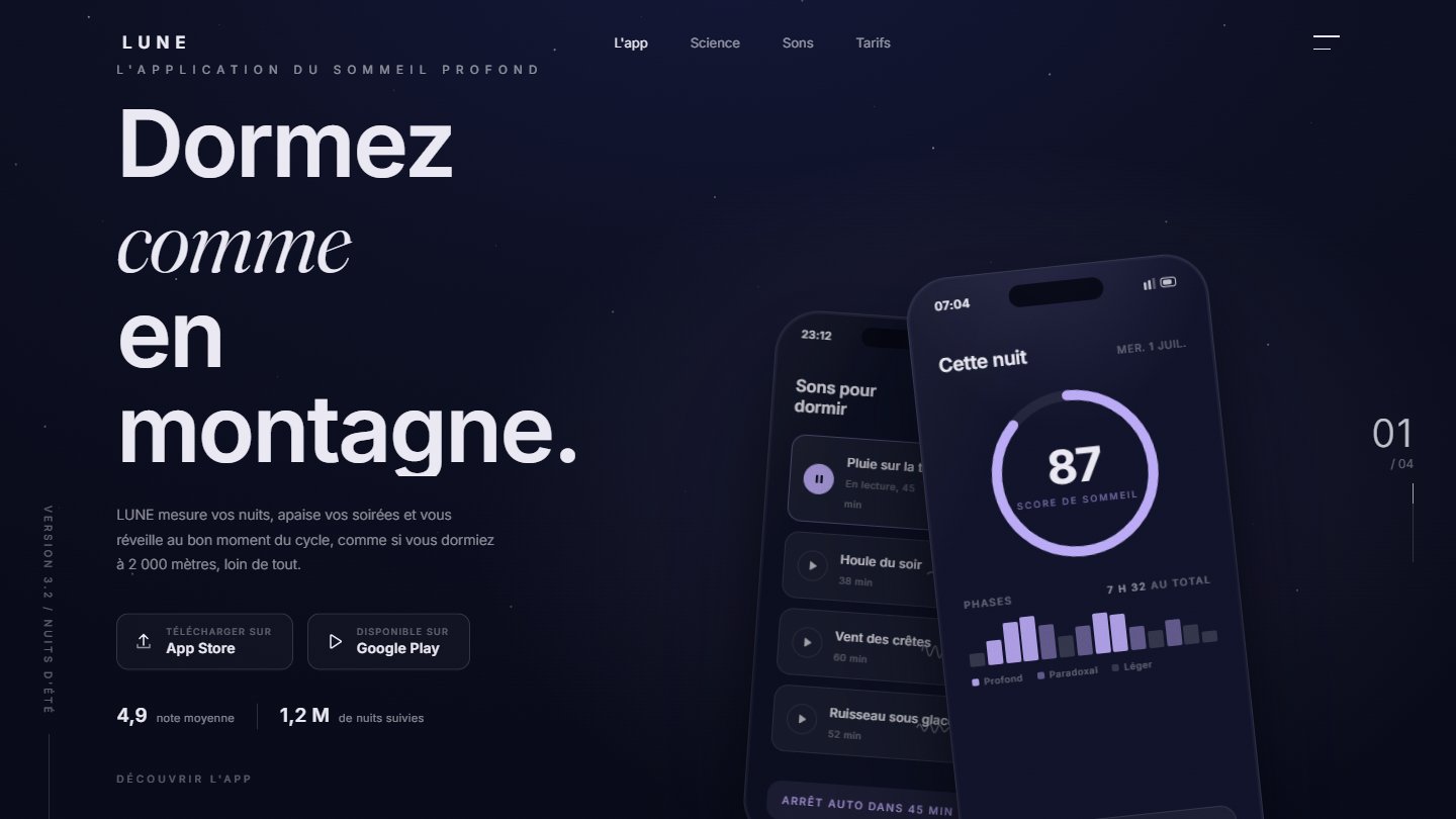 Aperçu de la démo LUNE, thème App mobile
